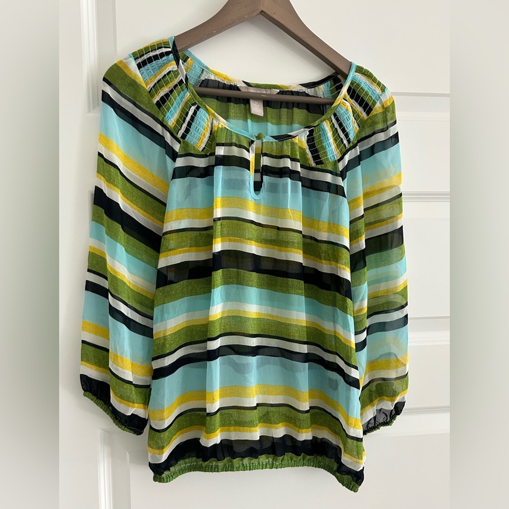 Banana Republic Sheer Striped Blouse Blue Green Size M